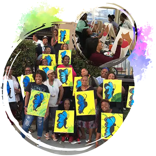Photo of finished butterfly paintings after a birthday paint party